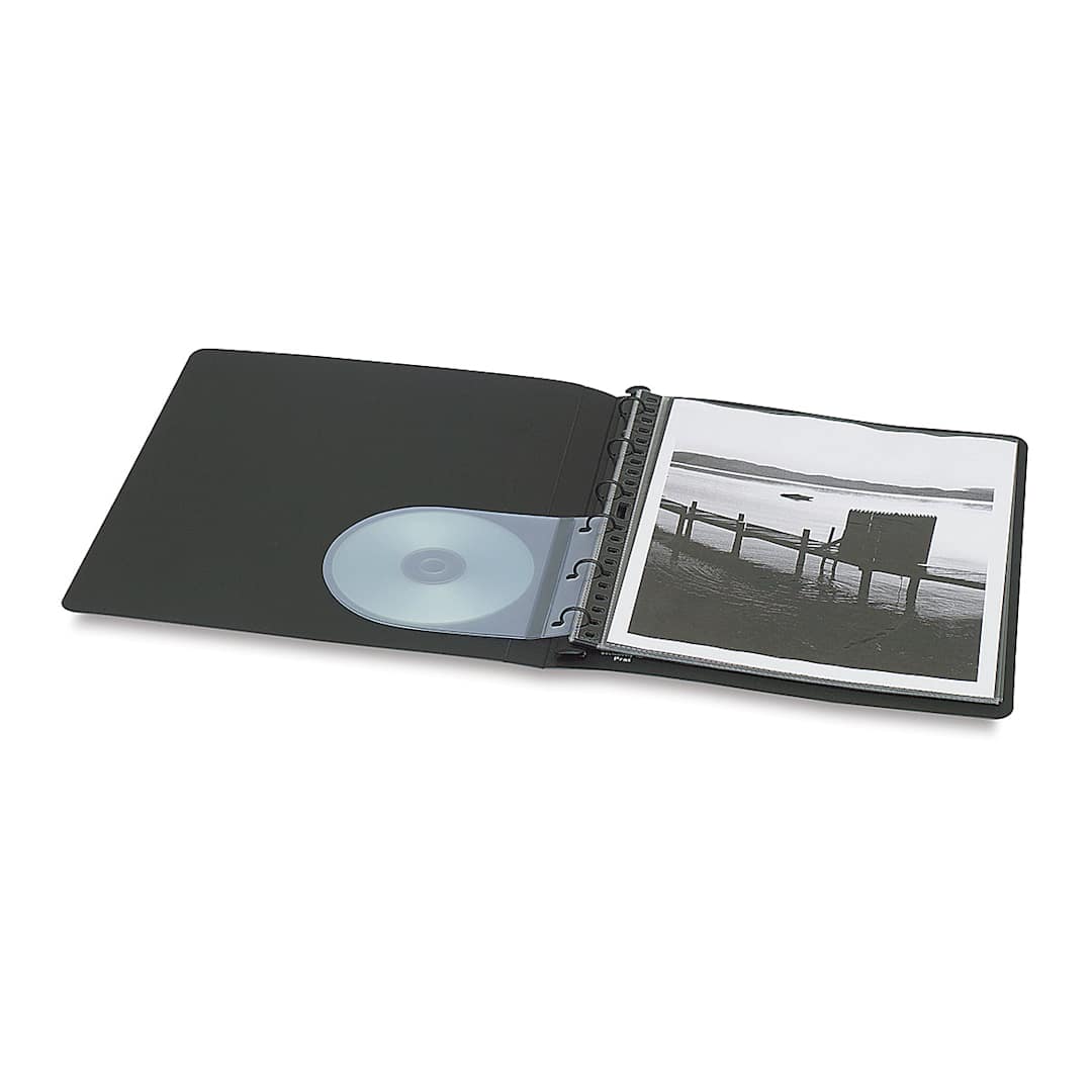 Open in modal - Prat Start Refillable Presentation Books - Black Presentation Book open showing art and CD 
