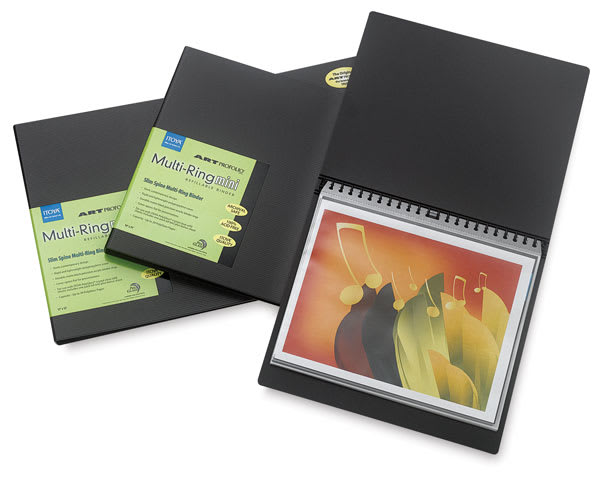 Open in modal - Itoya Art Profolio Multi-Ring Mini Refillable Binders - 3 Binders shown stacked with one open