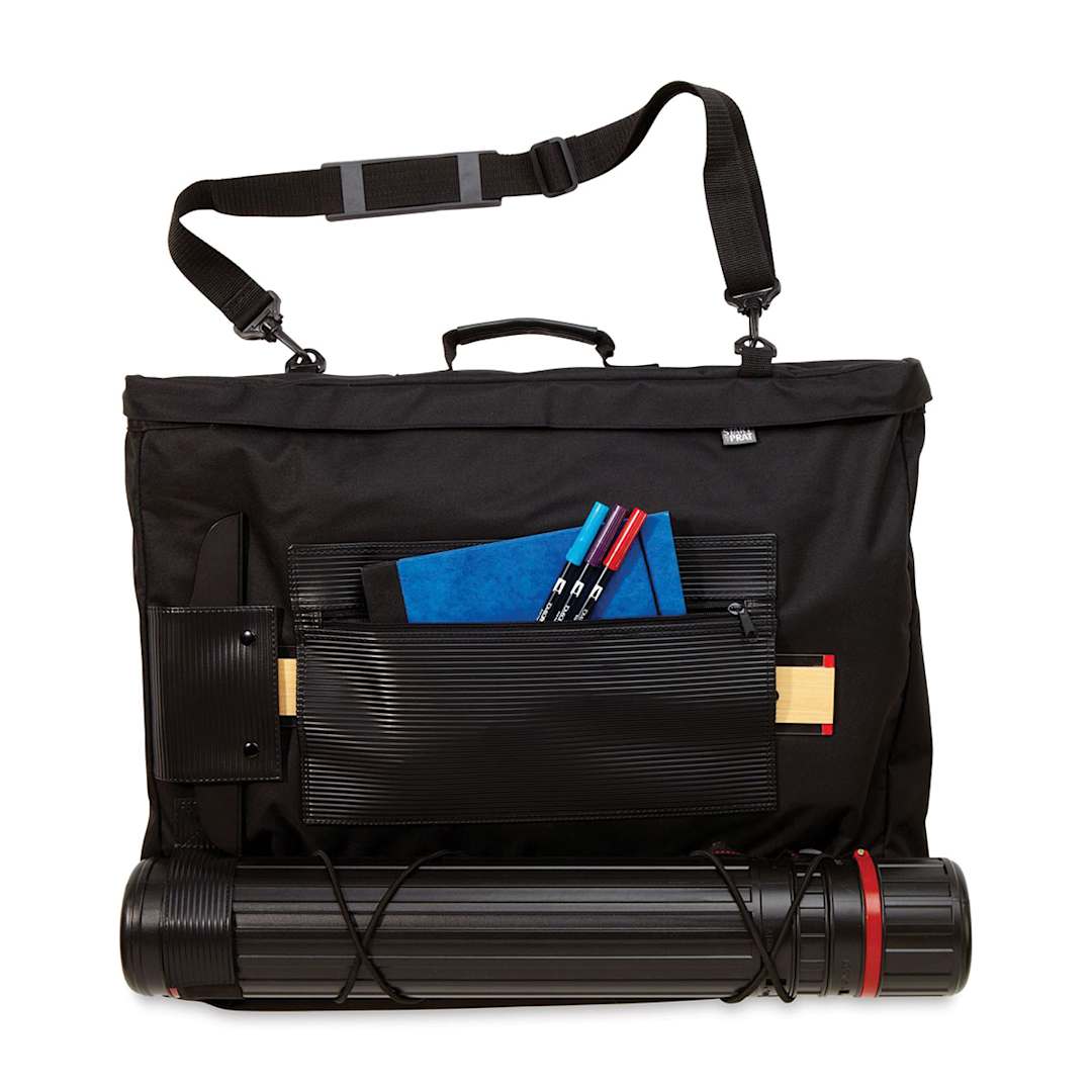 Open in modal - Prat Softside Backpack Portfolio - 18" x 24" x 2 1/2", Black, shown with accessories (not included)