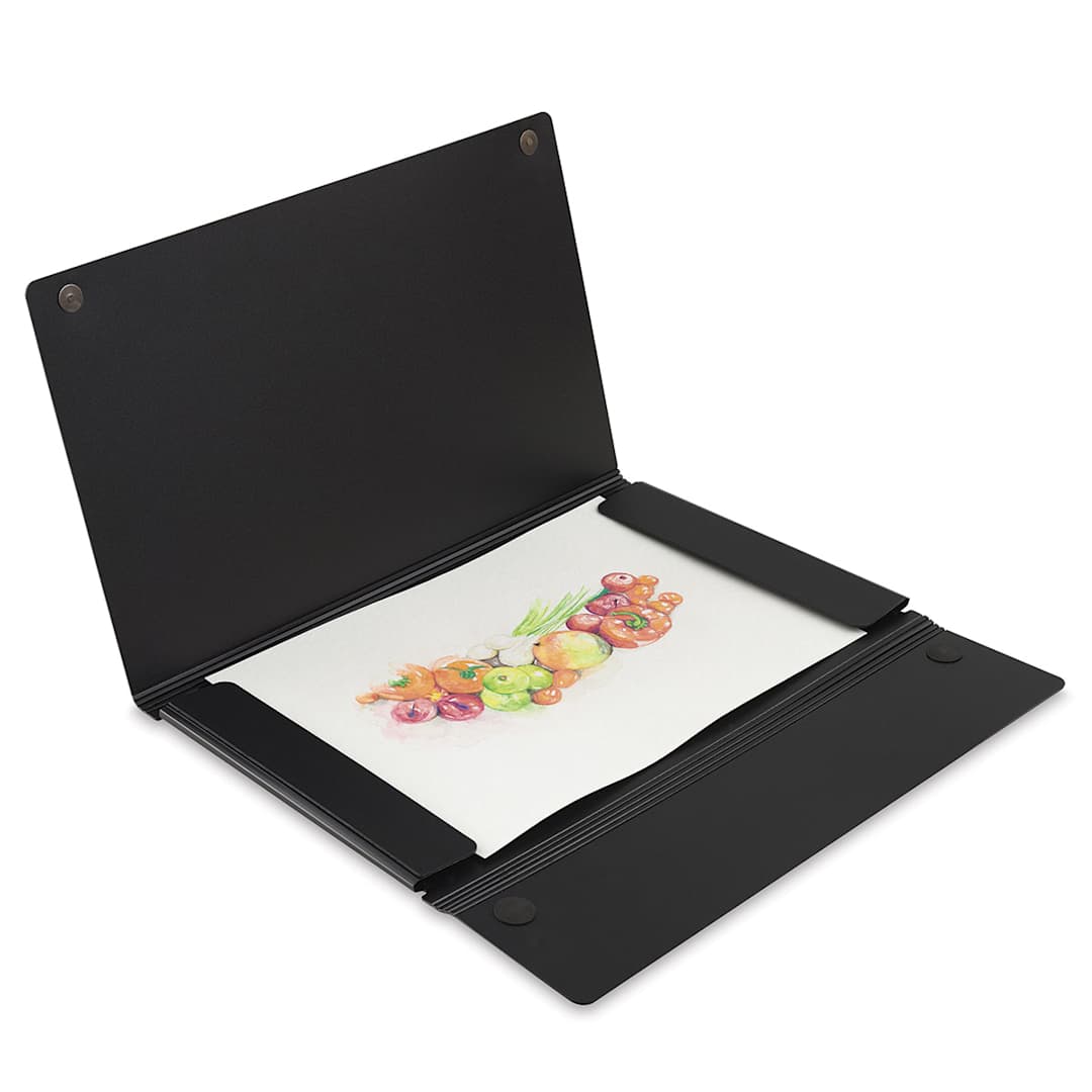 Open in modal - Itoya Magnet Closure Portfolio Case - Shown open with Fruit picture inserted