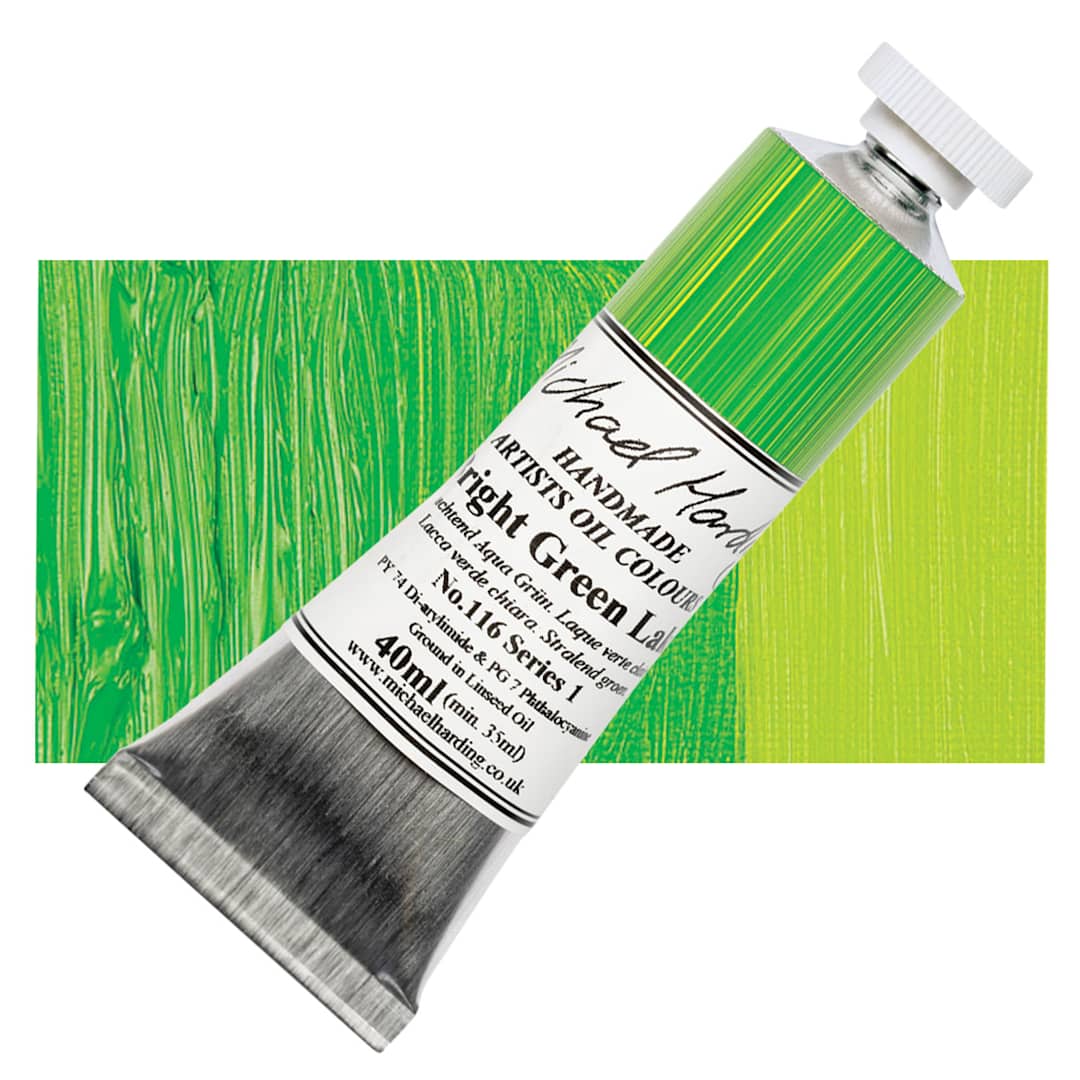 Open in modal - Michael Harding Artists Oil Paint - Bright Green Lake, 40 ml tube and swatch