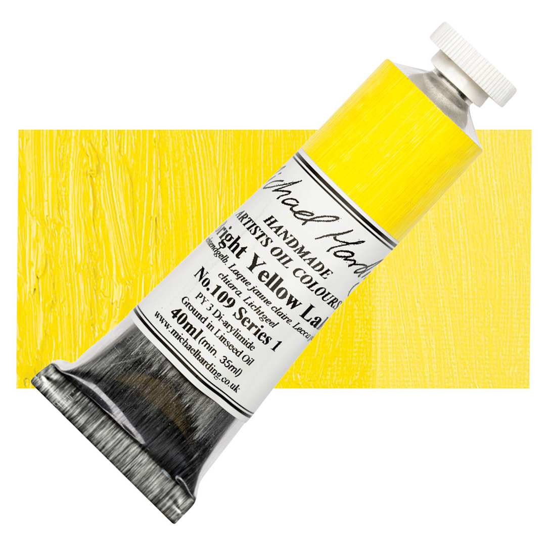 Open in modal - Michael Harding Artists Oil Paint - Bright Yellow Lake, 40 ml tube and swatch