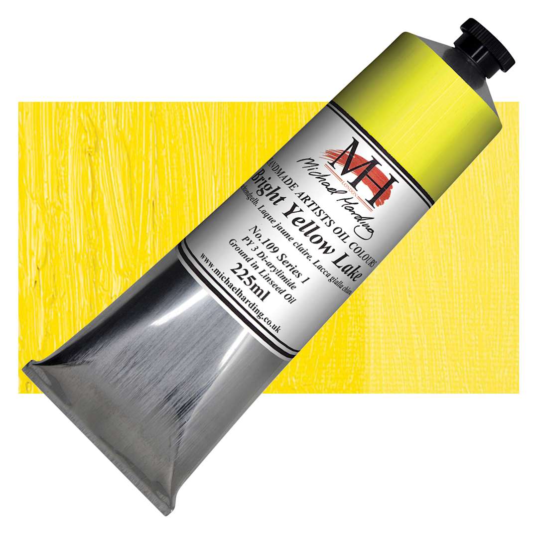 Open in modal - Michael Harding Artists Oil Paint - Bright Yellow Lake, 225 ml tube and swatch