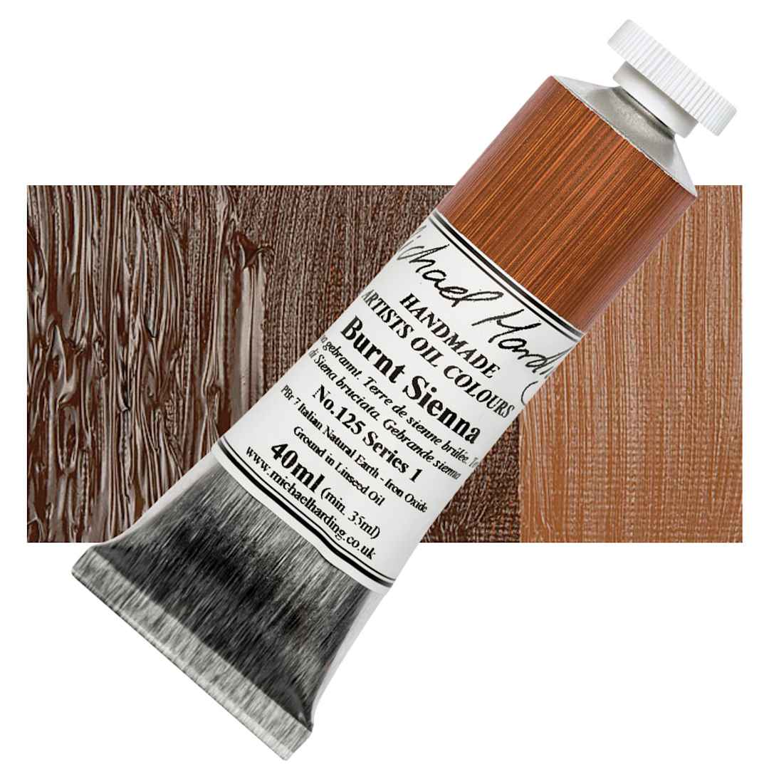 Open in modal - Michael Harding Artists Oil Paint - Burnt Sienna, 40 ml tube and swatch