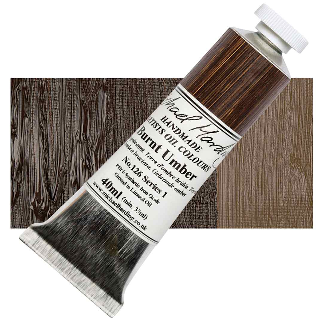 Open in modal - Michael Harding Artists Oil Paint - Burnt Umber, 40 ml tube and swatch