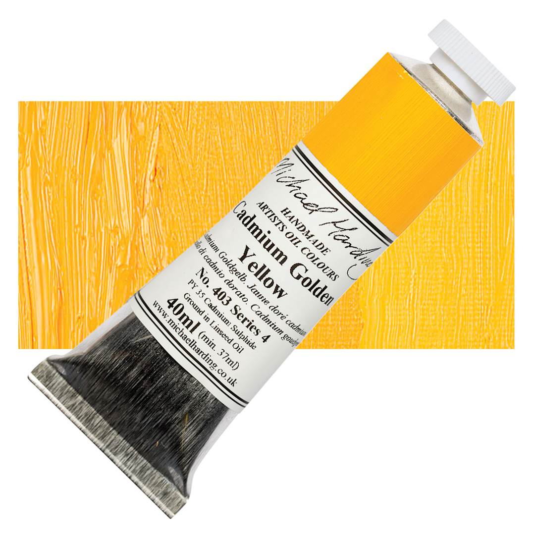 Open in modal - Michael Harding Artists Oil Paint - Cadmium Yellow Golden, 40 ml tube and swatch