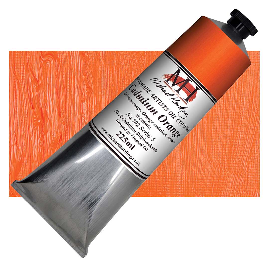 Open in modal - Michael Harding Artists Oil Paint - Cadmium Orange, 225 ml tube and swatch