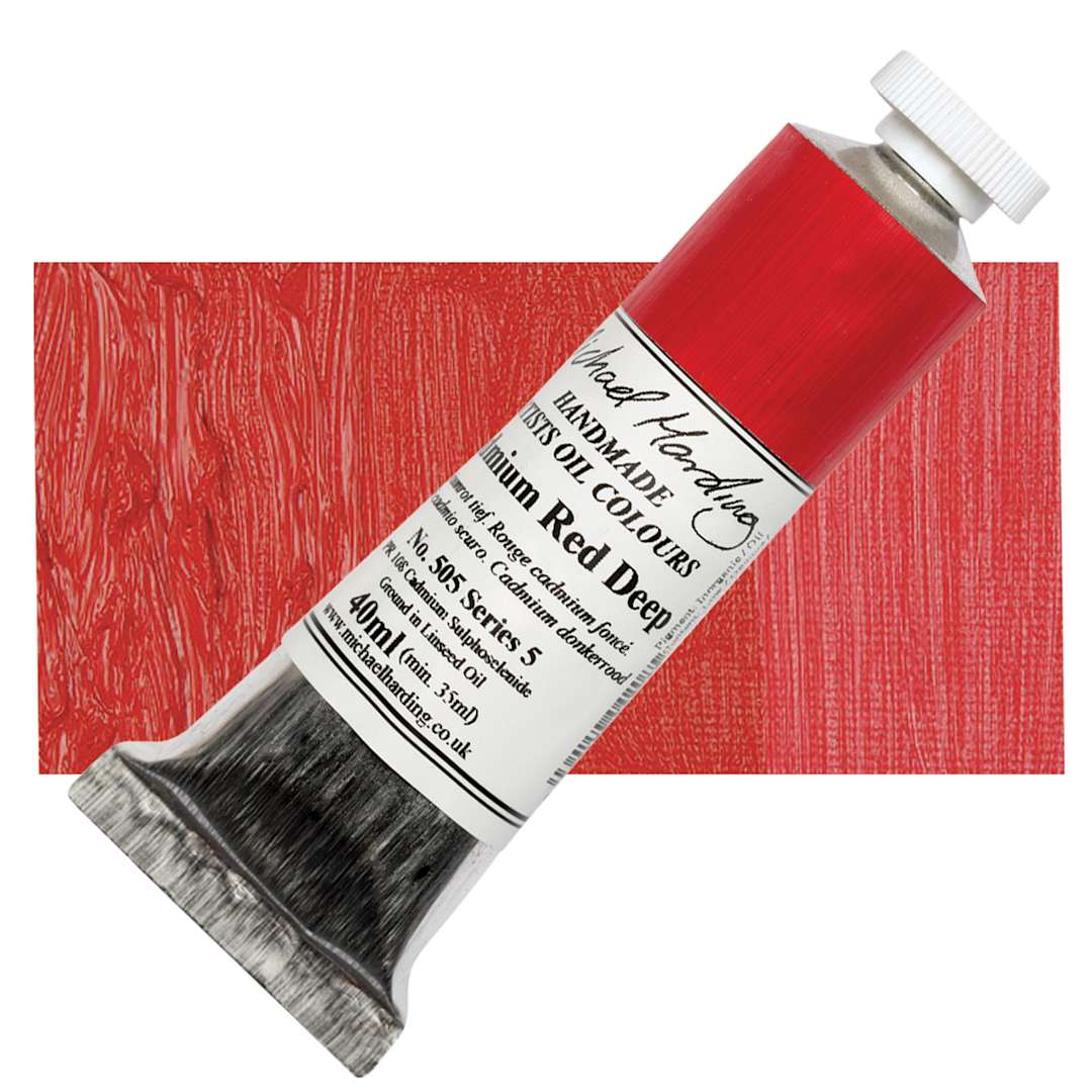 Open in modal - Michael Harding Artists Oil Paint - Cadmium Red Deep, 40 ml tube and swatch