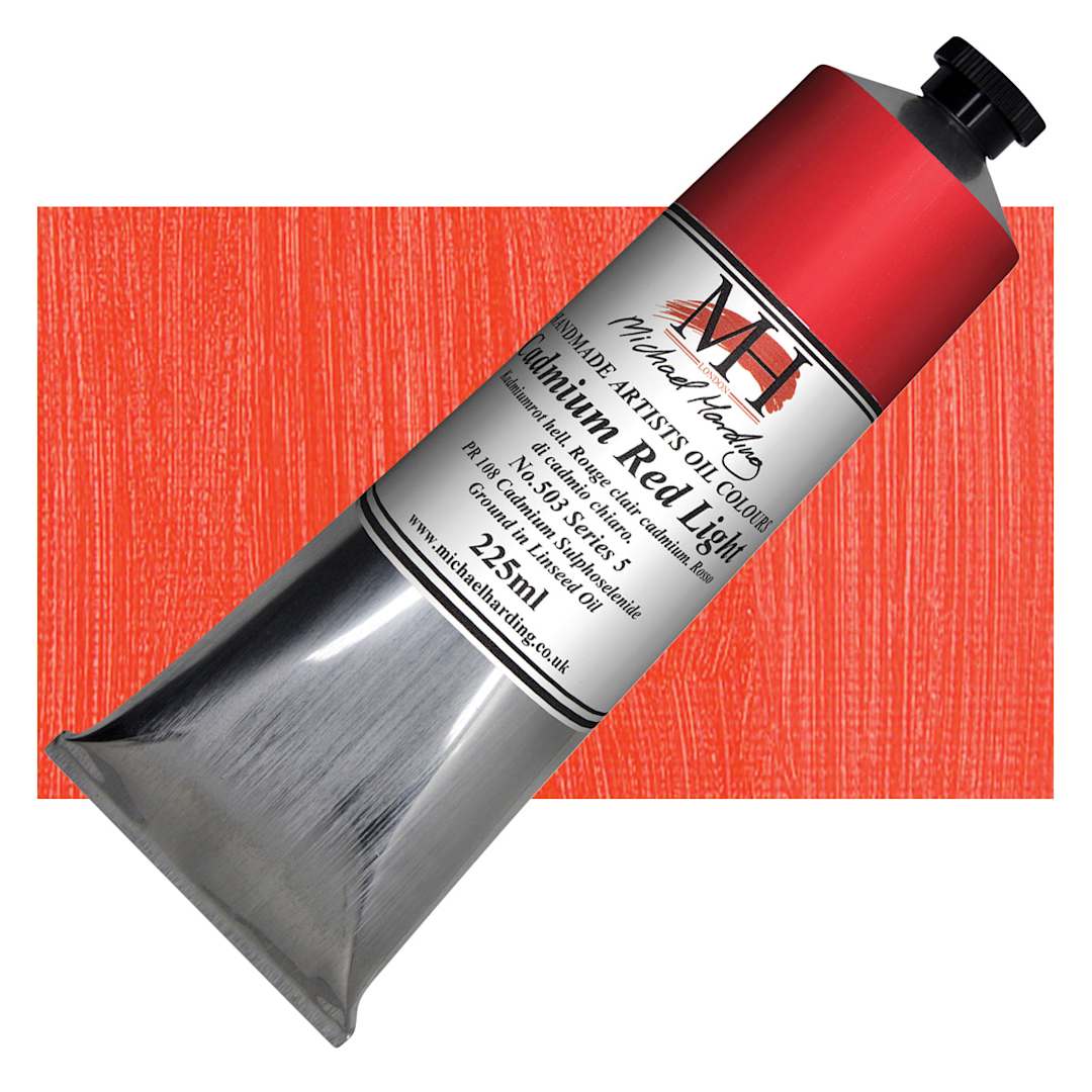 Open in modal - Michael Harding Artists Oil Paint - Cadmium Red Light, 225 ml tube and swatch