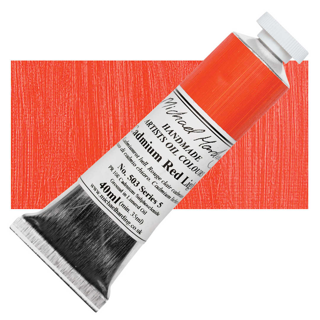 Open in modal - Michael Harding Artists Oil Paint - Cadmium Red Light, 40 ml tube and swatch