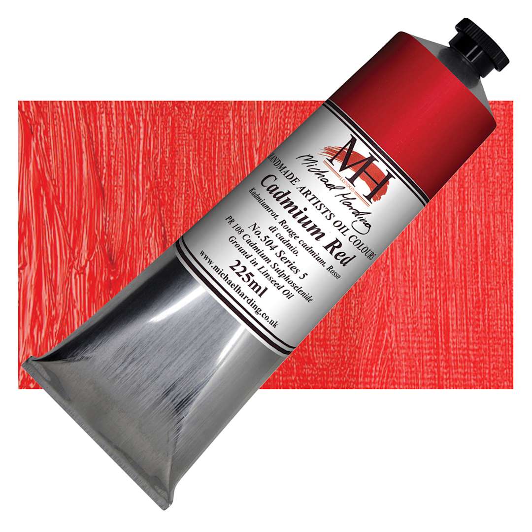 Open in modal - Michael Harding Artists Oil Paint - Cadmium Red, 225 ml tube and swatch