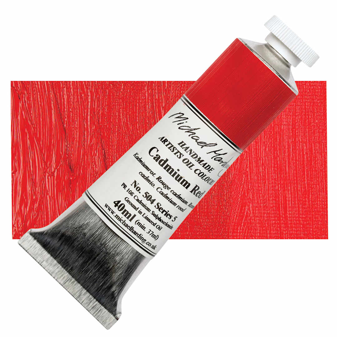 Open in modal - Michael Harding Artists Oil Paint - Cadmium Red, 40 ml tube and swatch