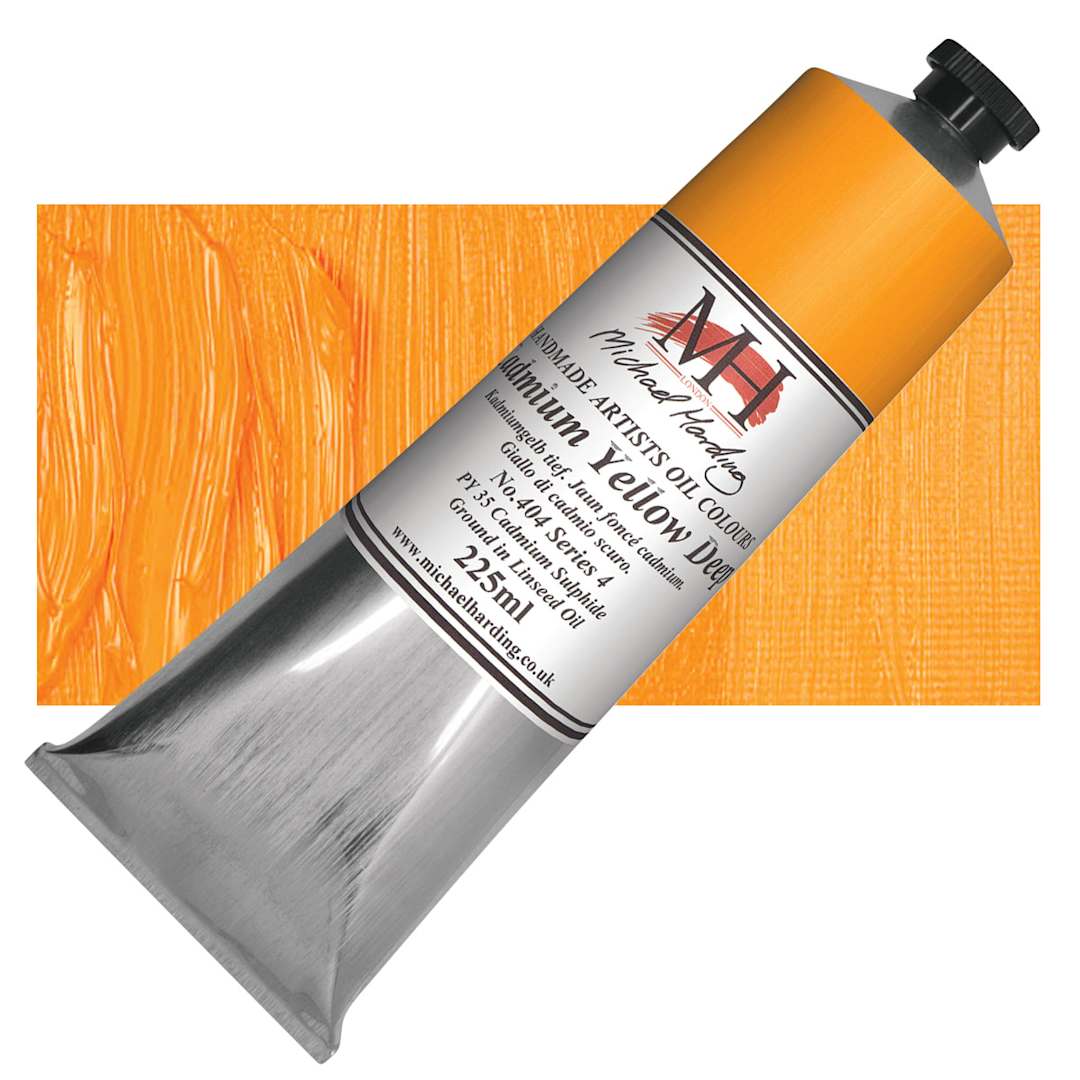 Open in modal - Michael Harding Artists Oil Paint - Cadmium Yellow Deep, 225 ml tube and swatch