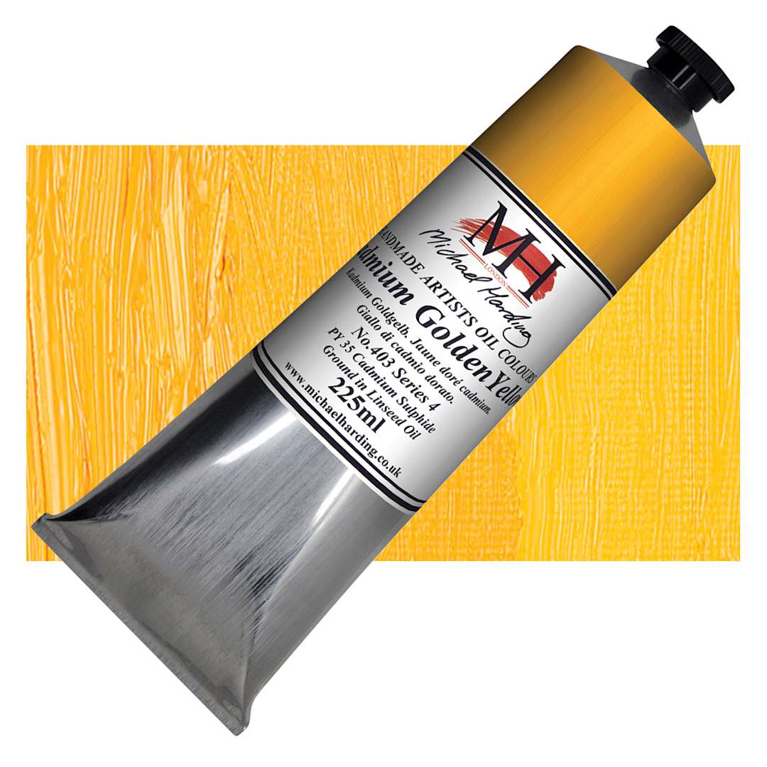Open in modal - Michael Harding Artists Oil Paint - Cadmium Yellow Golden, 225 ml tube and swatch
