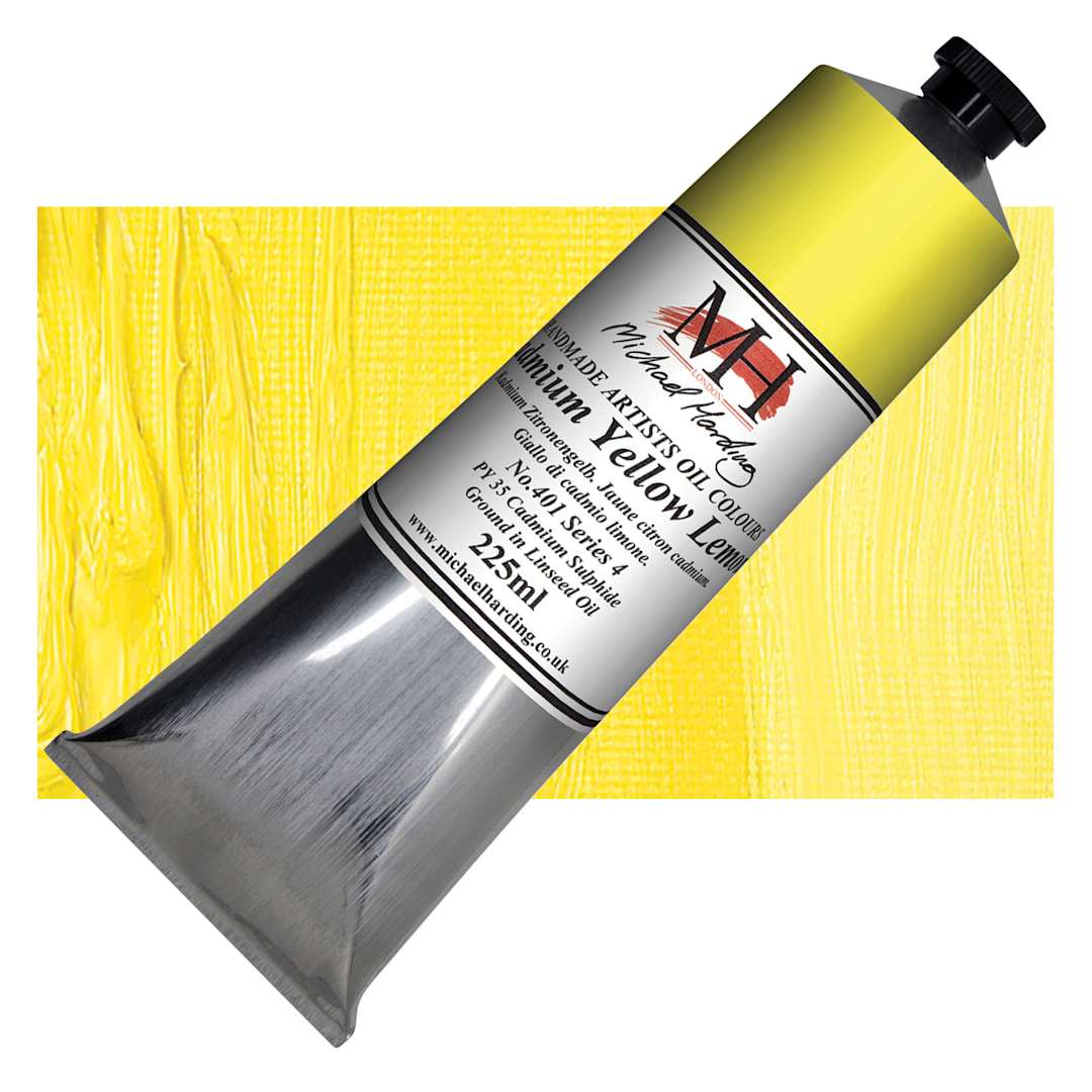 Open in modal - Michael Harding Artists Oil Paint - Cadmium Yellow Lemon, 225 ml tube and swatch