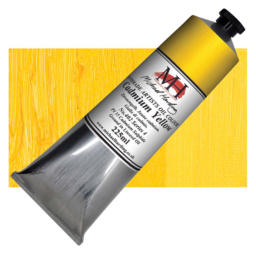 Open in modal - Michael Harding Artists Oil Paint - Cadmium Yellow, 225 ml tube and swatch