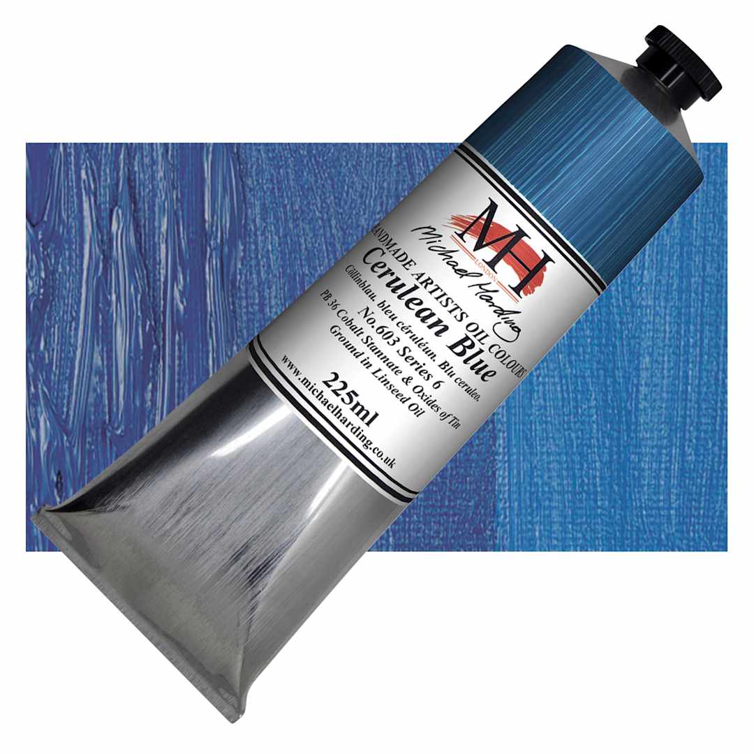 Open in modal - Michael Harding Artists Oil Paint - Cerulean Blue, 225 ml tube and swatch