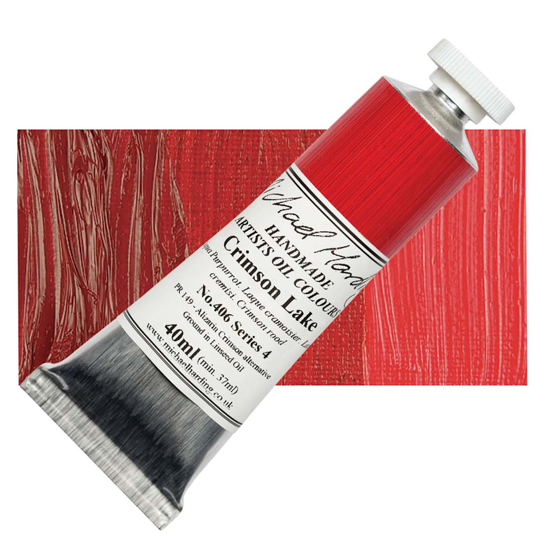 Open in modal - Michael Harding Artists Oil Paint - Crimson Lake, 40 ml tube and swatch