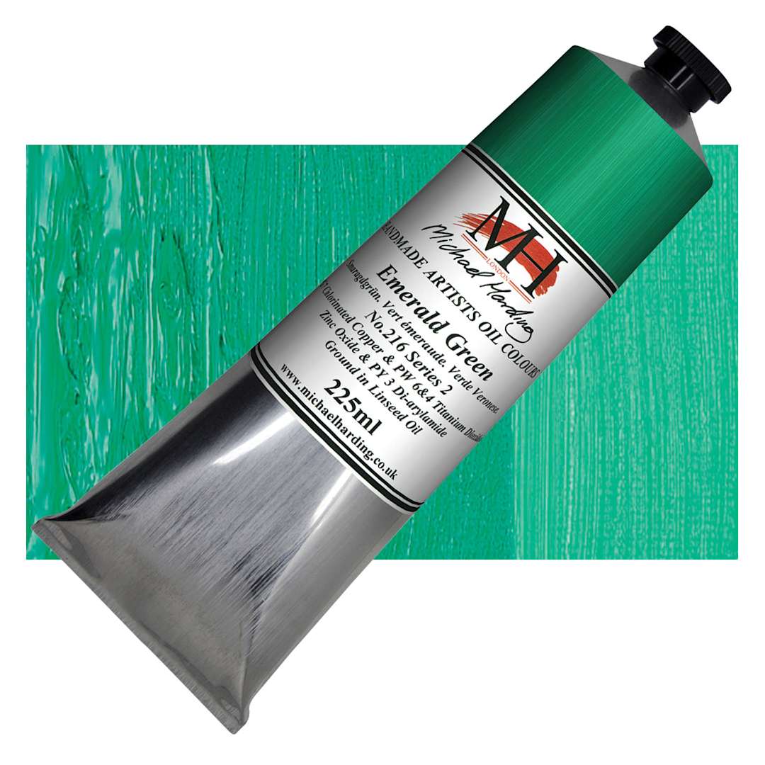 Open in modal - Michael Harding Artists Oil Paint - Emerald Green, 225 ml tube and swatch