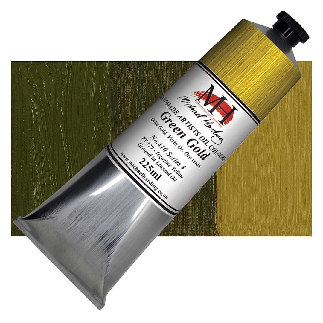 Open in modal - Michael Harding Artists Oil Paint - Green Gold, 225 ml tube and swatch