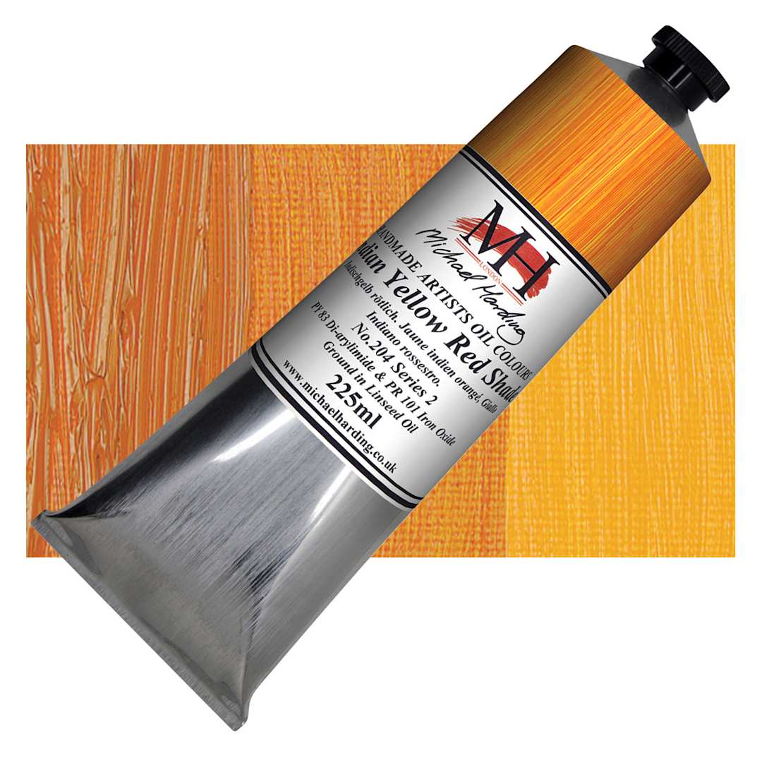 Open in modal - Michael Harding Artists Oil Paint - Indian Yellow Red Shade, 225 ml tube and swatch