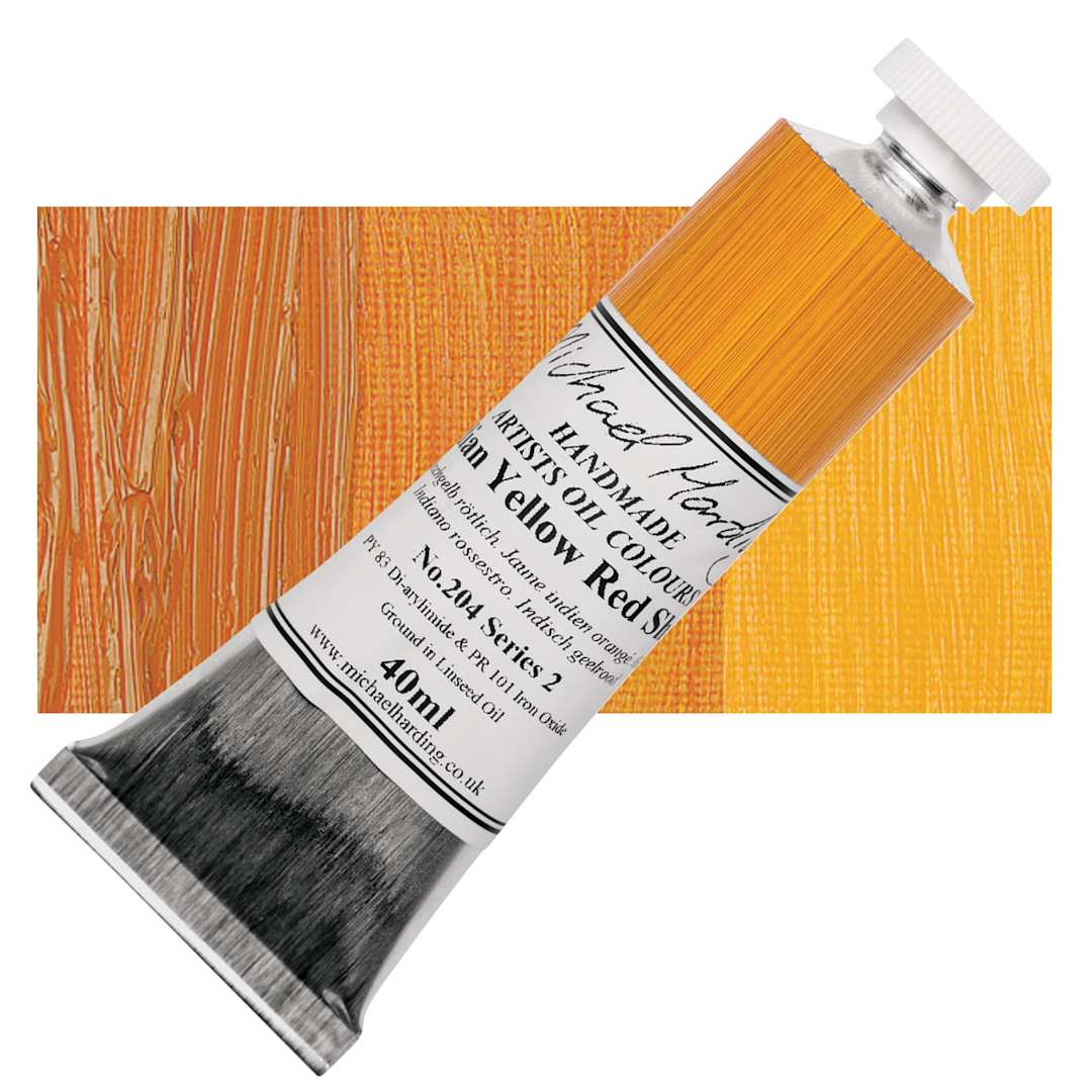 Open in modal - Michael Harding Artists Oil Paint - Indian Yellow Red Shade, 40 ml tube and swatch