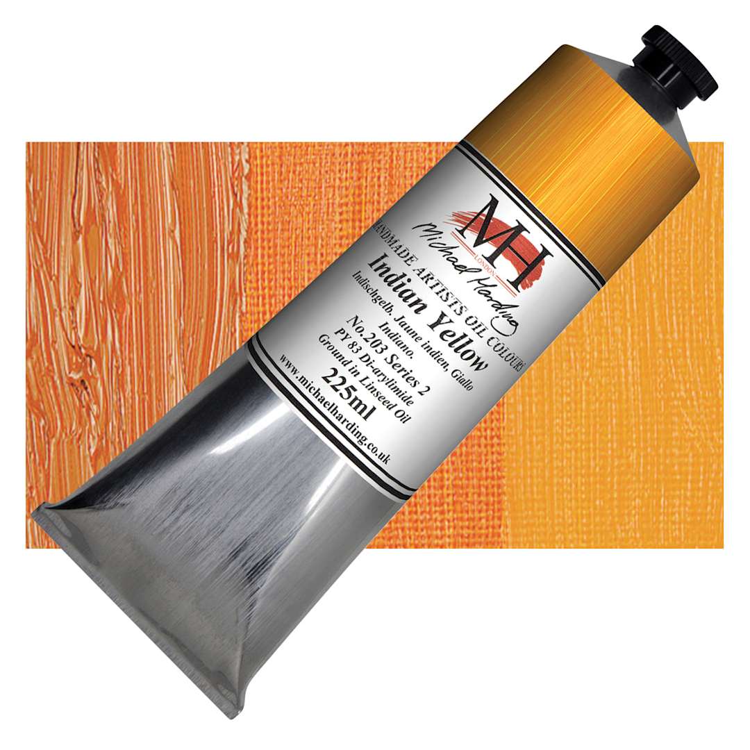 Open in modal - Michael Harding Artists Oil Paint - Indian Yellow, 225 ml tube and swatch