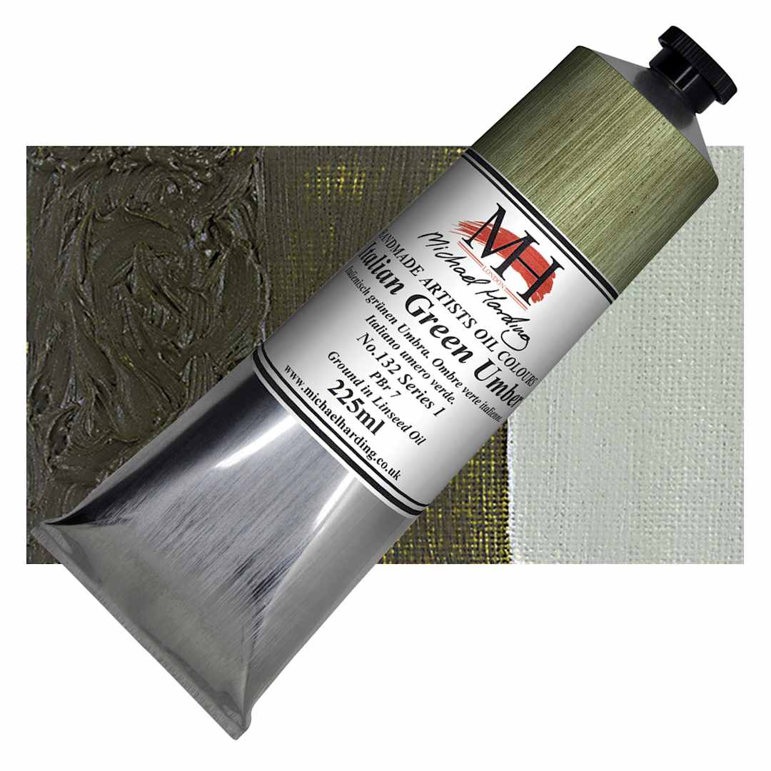 Open in modal - Michael Harding Artists Oil Paint - Italian Green Umber, 225 ml tube and swatch