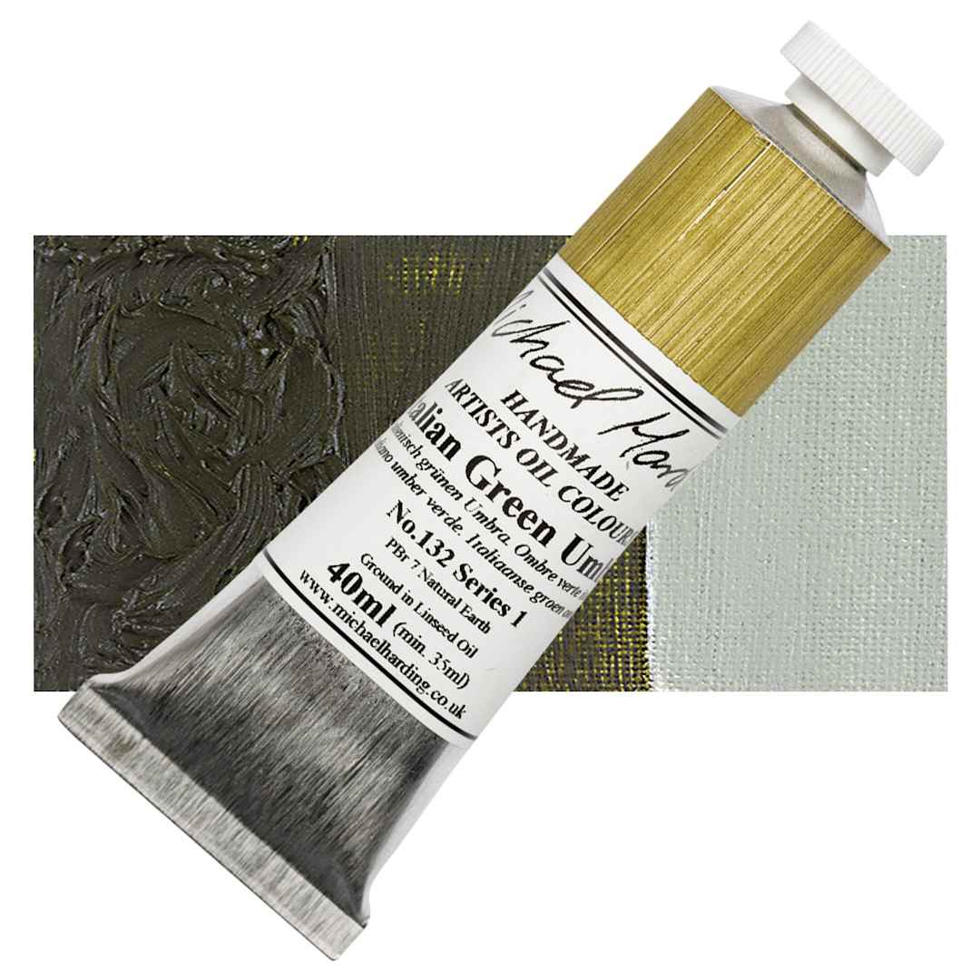 Open in modal - Michael Harding Artists Oil Paint - Italian Green Umber, 40 ml tube and swatch