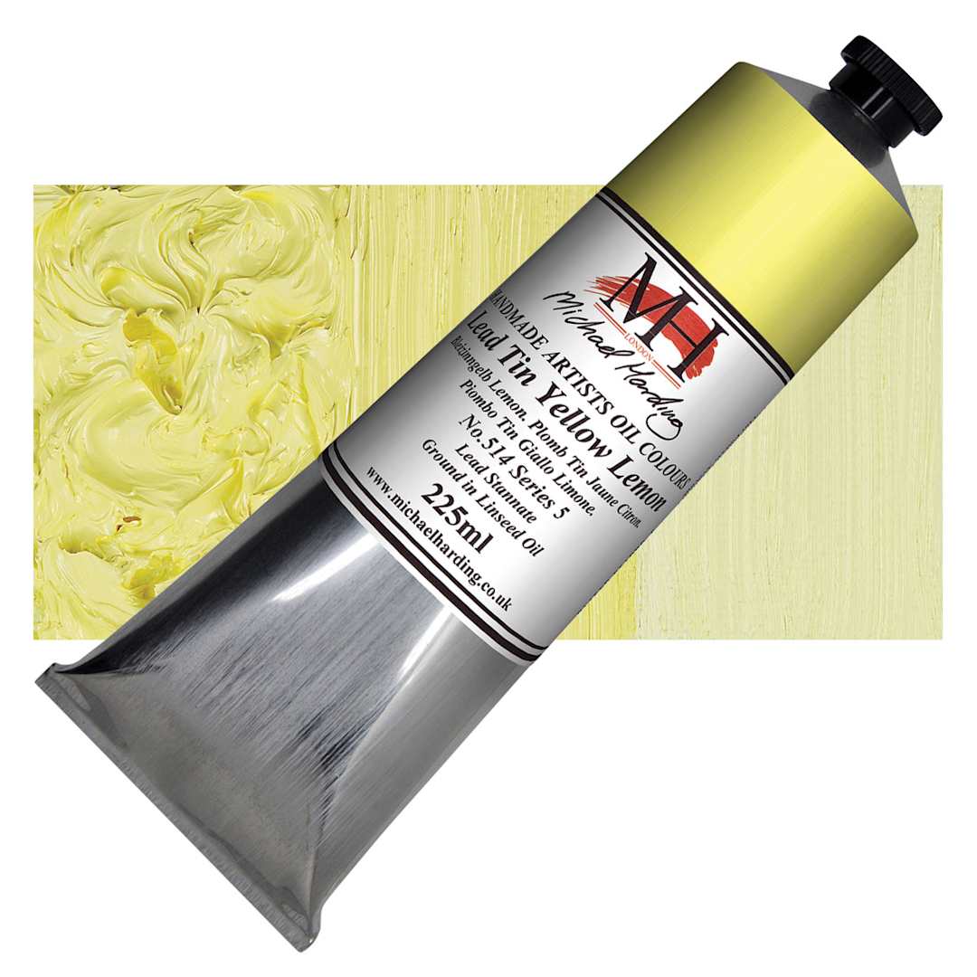 Open in modal - Michael Harding Artists Oil Paint - Lead Tin Yellow, Lemon 225 ml tube and swatch