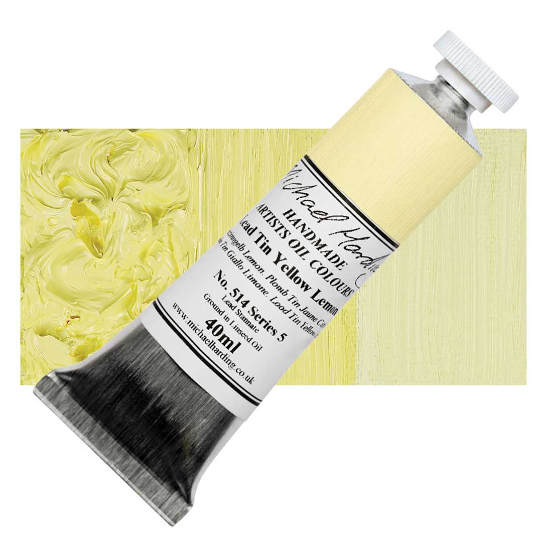 Open in modal - Michael Harding Artists Oil Paint - Lead Tin Yellow, Lemon 40 ml tube and swatch