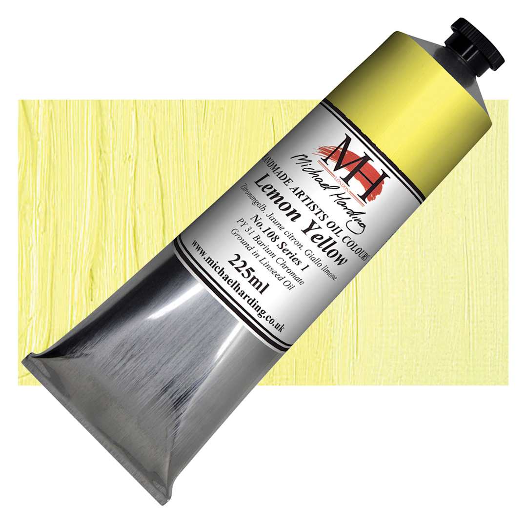 Open in modal - Michael Harding Artists Oil Paint - Lemon Yellow, 225 ml tube and swatch