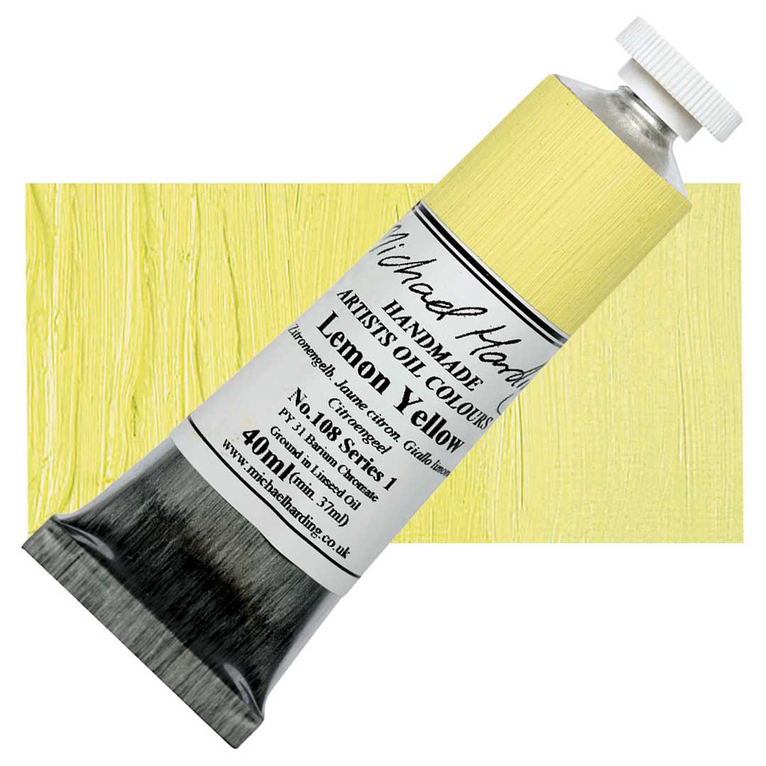 Open in modal - Michael Harding Artists Oil Paint - Lemon Yellow, 40 ml tube and swatch