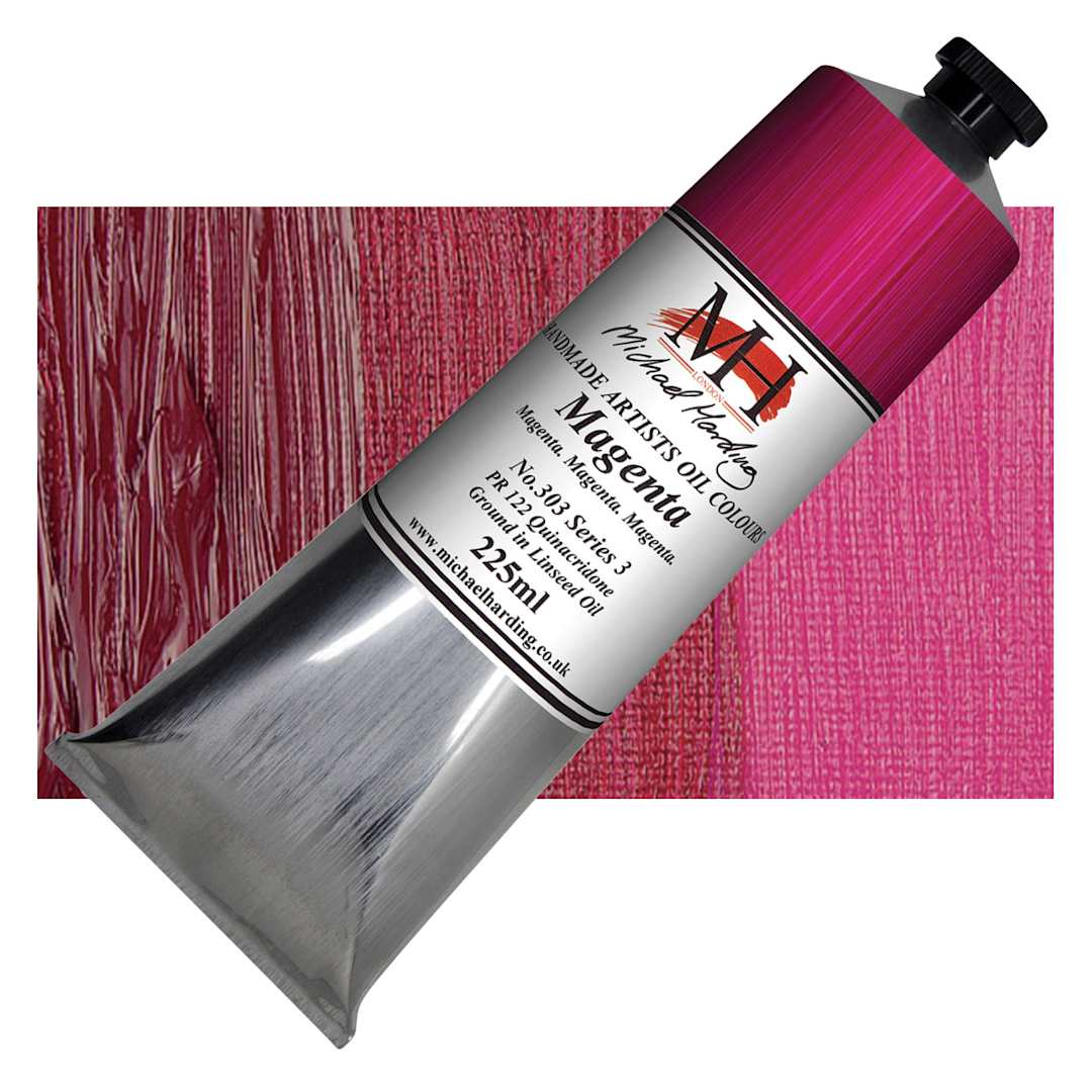 Open in modal - Michael Harding Artists Oil Paint - Magenta, 225 ml tube and swatch