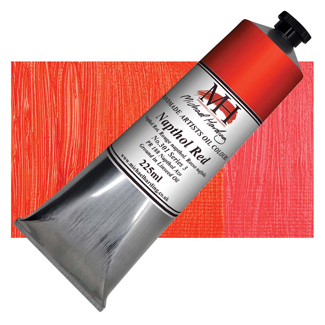 Open in modal - Michael Harding Artists Oil Paint - Naphthol Red, 225 ml tube and swatch