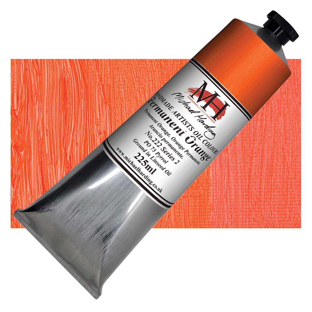 Open in modal - Michael Harding Artists Oil Paint - Permanent Orange, 225 ml tube and swatch