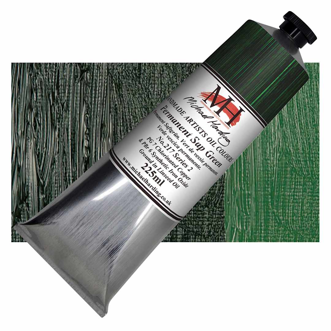 Open in modal - Michael Harding Artists Oil Paint - Permanent Sap Green, 225 ml tube and swatch