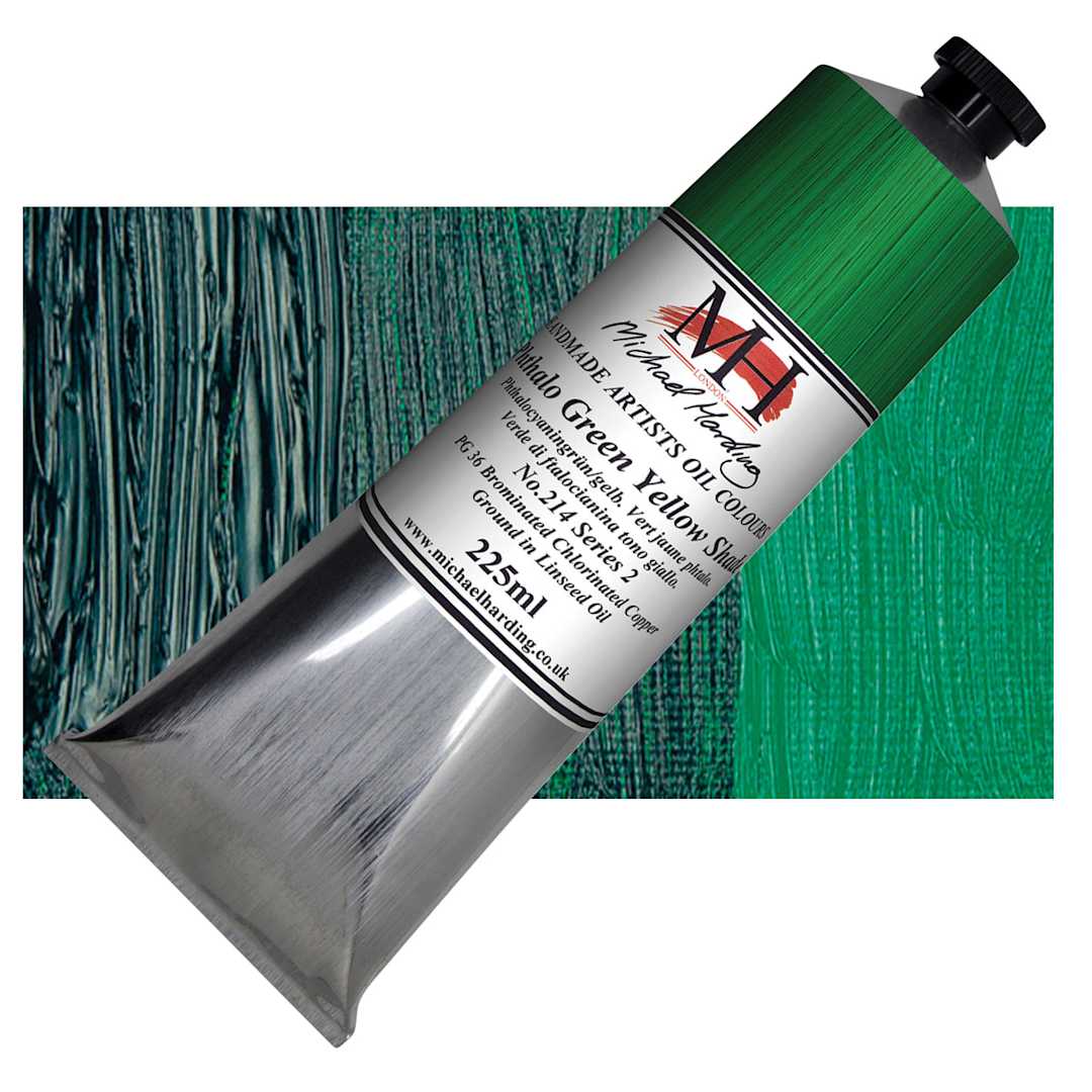 Open in modal - Michael Harding Artists Oil Paint - Phthalo Green Yellow Shade, 225 ml tube and swatch