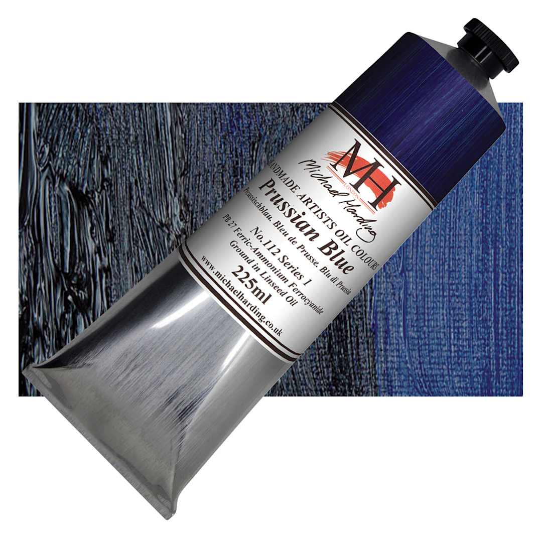 Open in modal - Michael Harding Artists Oil Paint - Prussian Blue, 225 ml tube and swatch