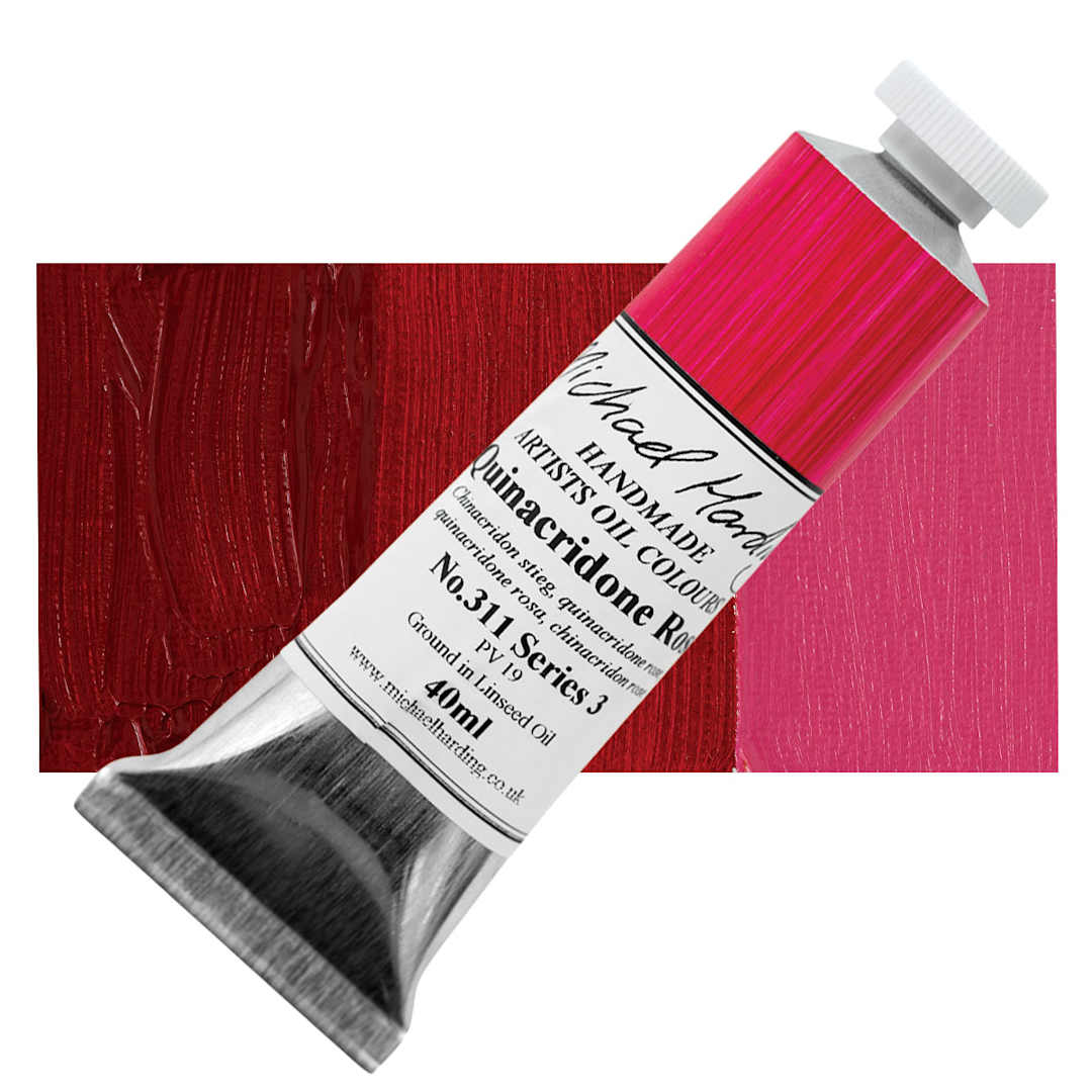 Open in modal - Michael Harding Artists Oil Paint - Quinacridone Rose, 40 ml tube and swatch