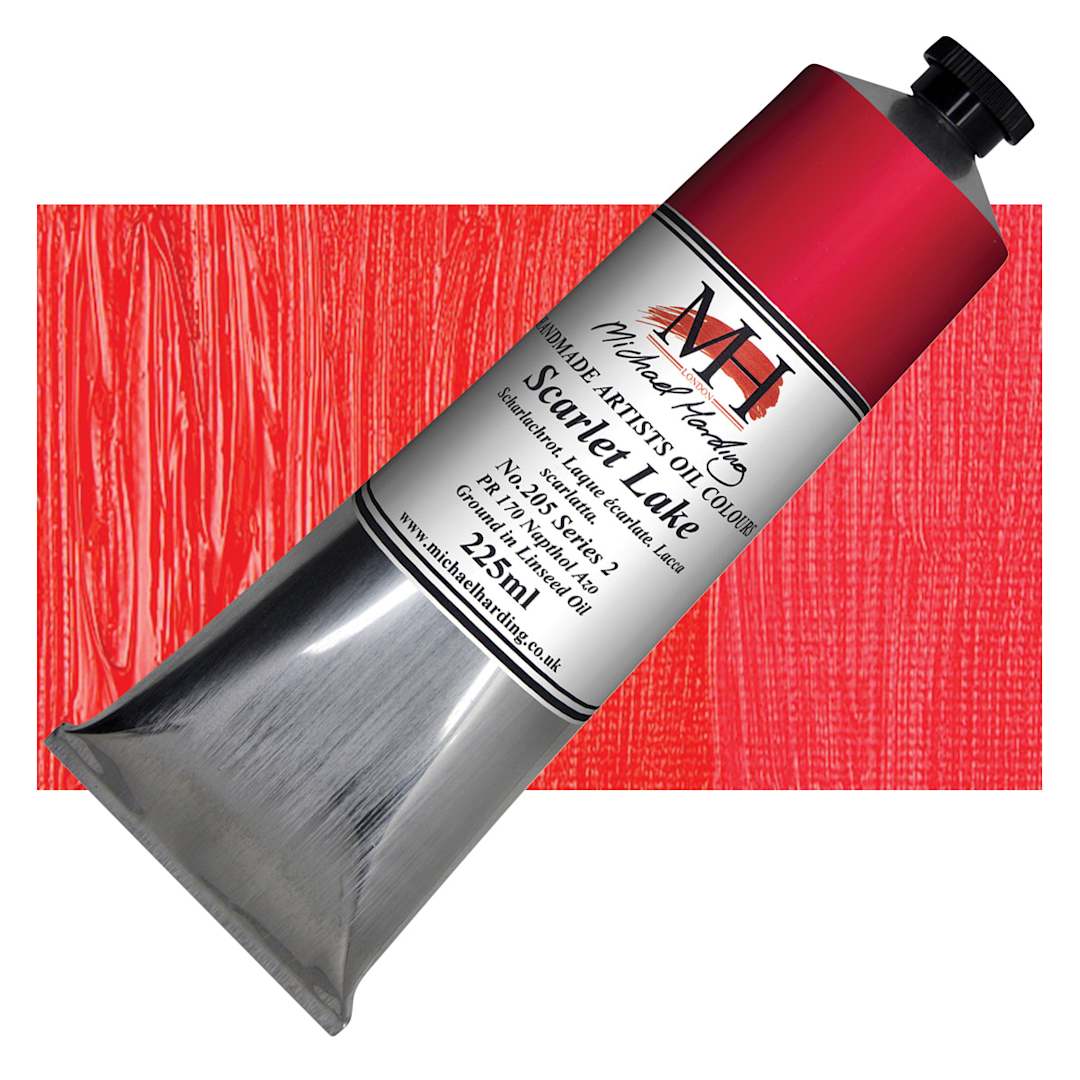 Open in modal - Michael Harding Artists Oil Paint - Scarlet Lake, 225 ml tube and swatch