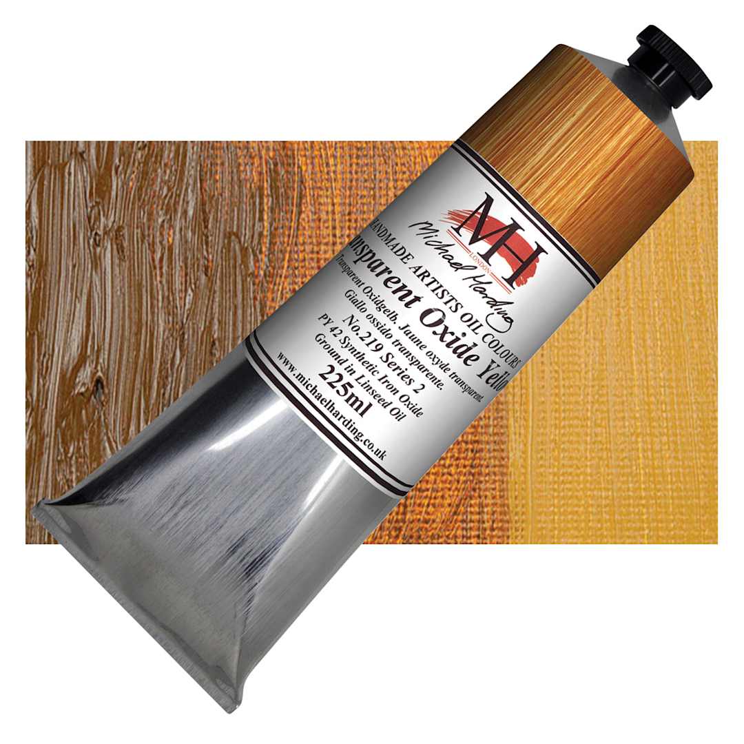 Open in modal - Michael Harding Artists Oil Paint - Transparent Oxide Yellow, 225 ml tube and swatch