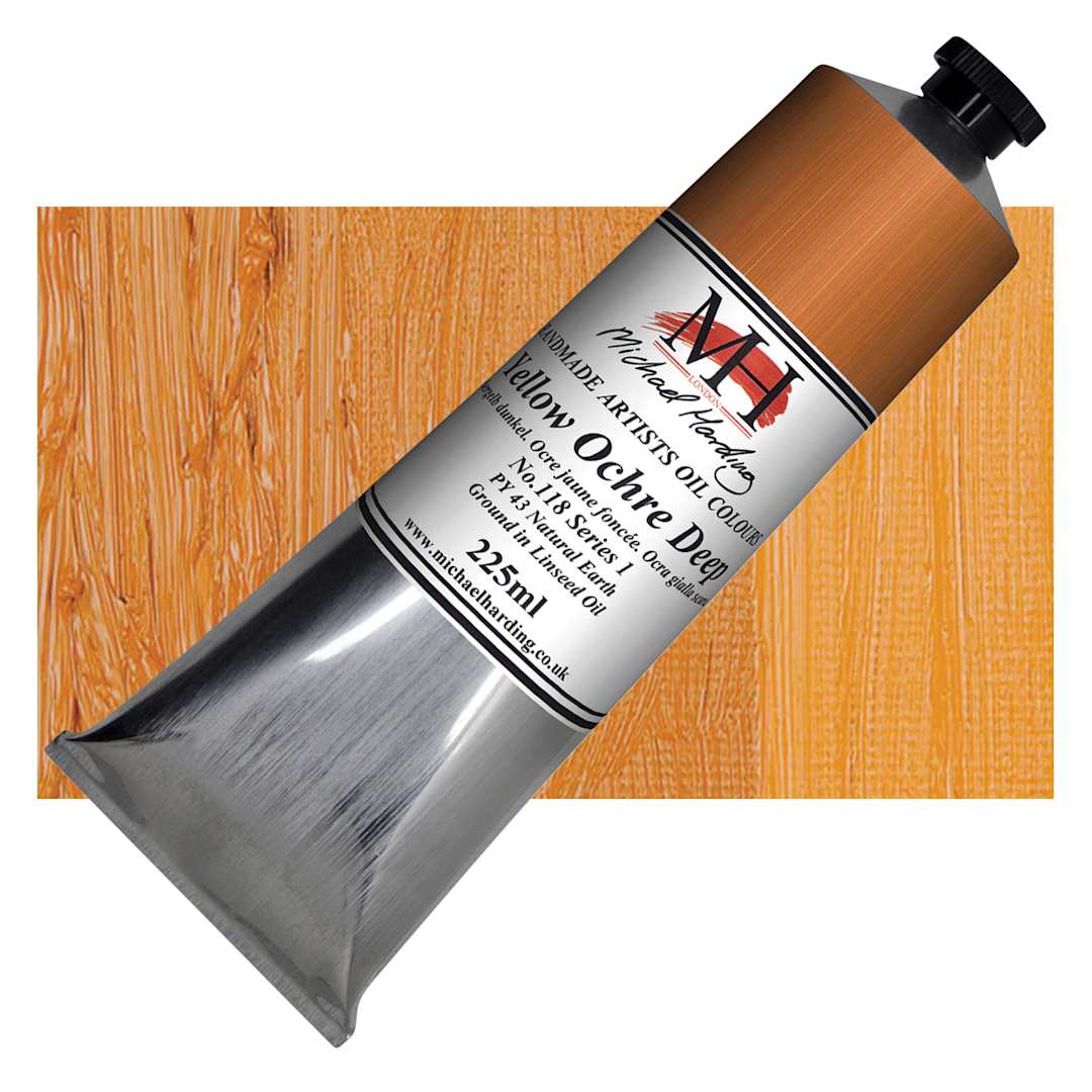 Open in modal - Michael Harding Artists Oil Paint - Yellow Ochre Deep, 225 ml tube and swatch