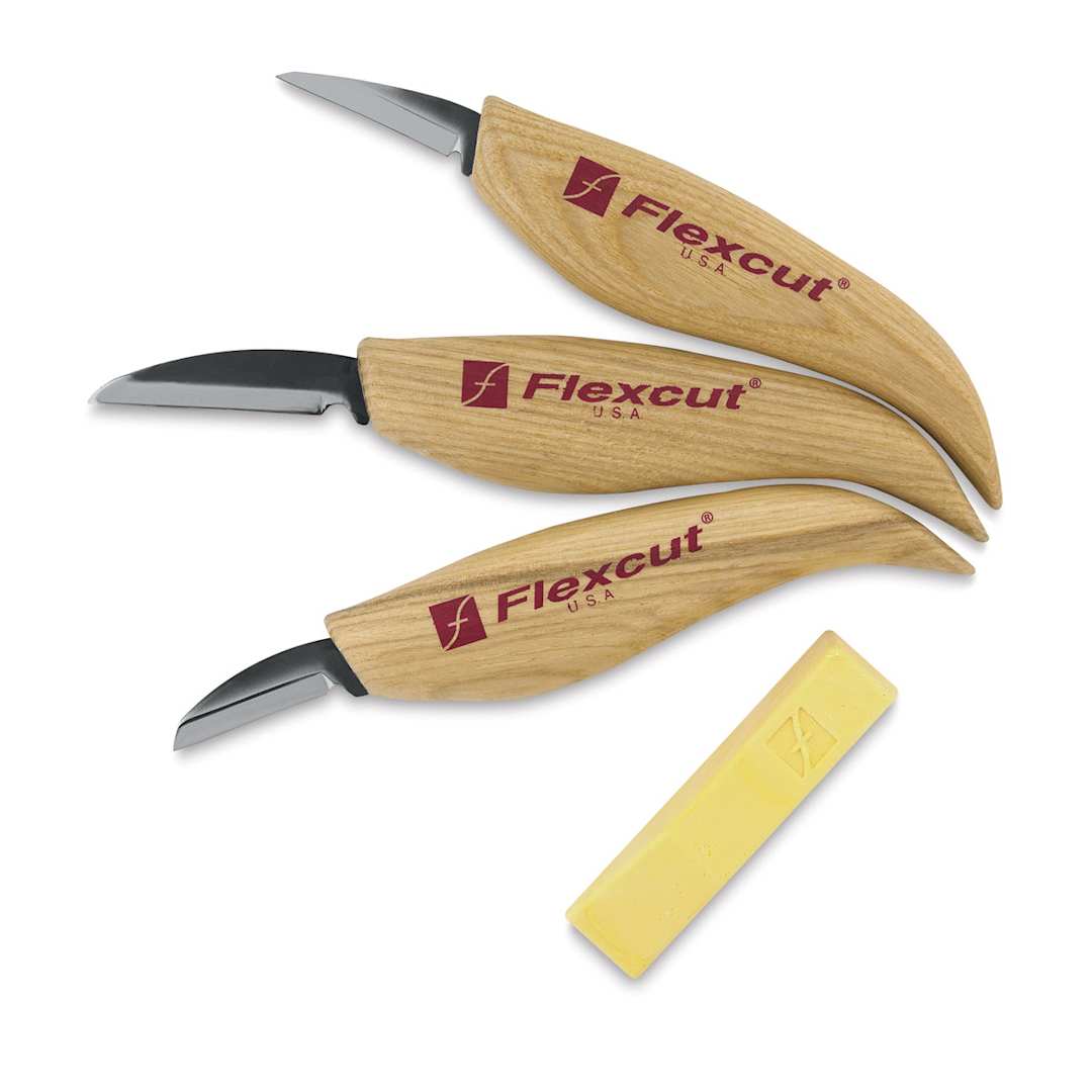 Open in modal - Flexcut 3-Knife Starter Set - Top view of three knives with polishing compound