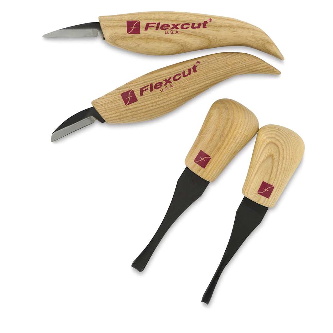 Open in modal - Flexcut Beginner Palm and Knife Set - Components of 4 pc Knife Set shown
