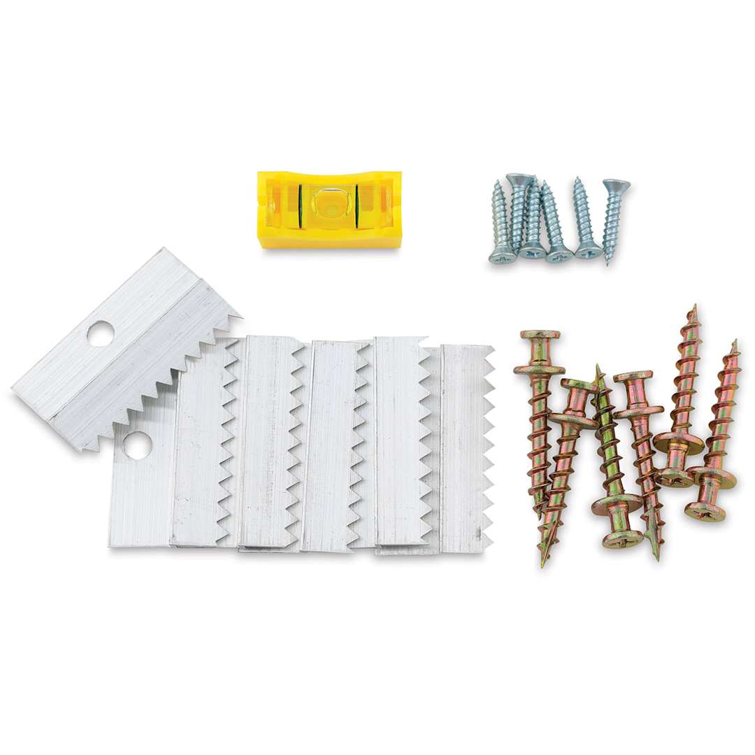 Open in modal - Hangman Self-Leveling Flushmount Hanger Kit - Set of 6 shown with included screws and level