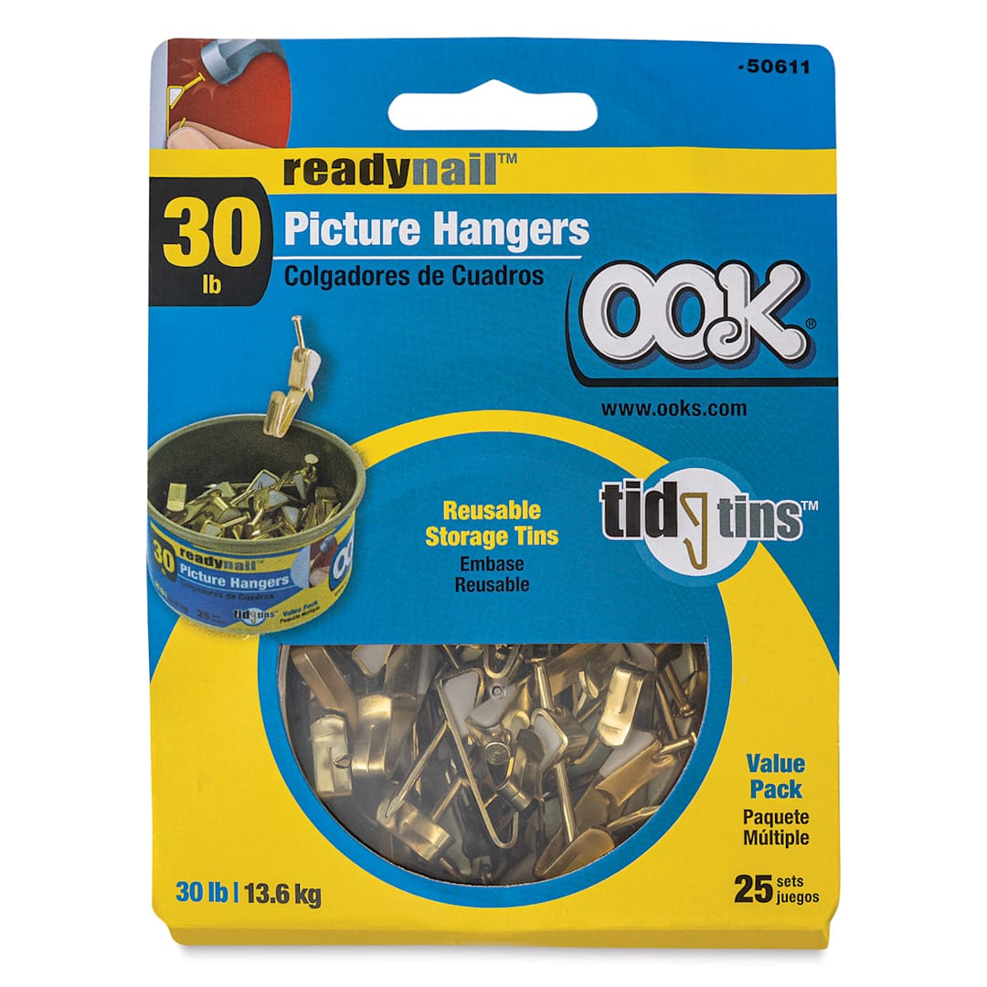 Open in modal - OOK ReadyNail Picture Hook Pack - 30 lb Capacity, Tidy Tin, Pkg of 30 front of package