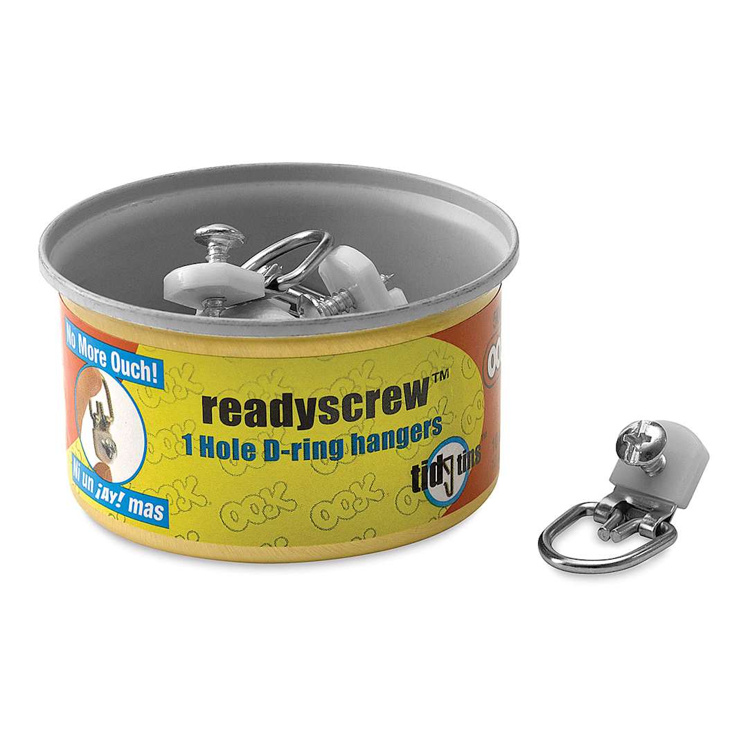 Open in modal - Ook ReadyScrew D-Ring Hangers - Open Tin of Single Hole 10 pack with one hanger shown out of tin