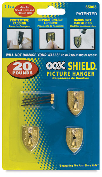 Open in modal - Ook Repositioning Shield Hangers - Front of blister package of Small Size Set of 3