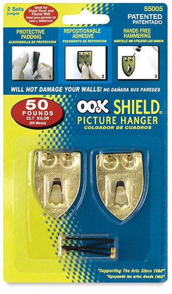 Open in modal - Ook Repositioning Shield Hangers - Front of blister package of Medium Size Set of 2